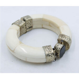 Antique vintage bone & gemstone bangle pull pine hinged handmade India bohemian